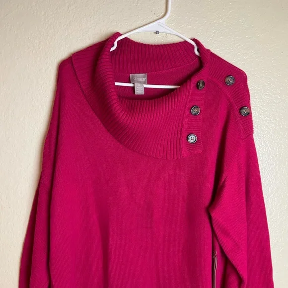 Chico's Fuchsia Cowl Neck TunicSweater Button Detail Cozy Knit Pullover size 3 - Picture 4 of 15